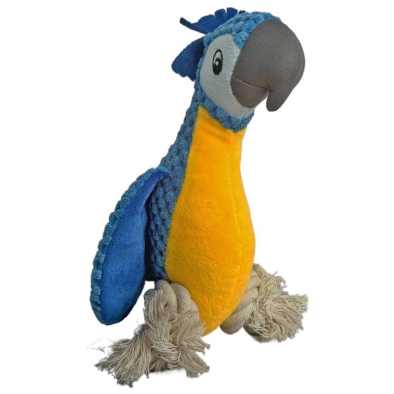 Imagen frontal de un peluche para perro con forma de guacamayo de color azul.