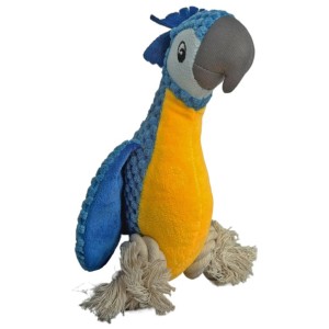 Imagen frontal de un peluche para perro con forma de guacamayo de color azul.