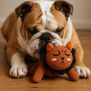 Bulldog jugando con un peluche
