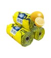 Tres rollos para perros de color amarillo con un limón ilustrado en un lateral.
