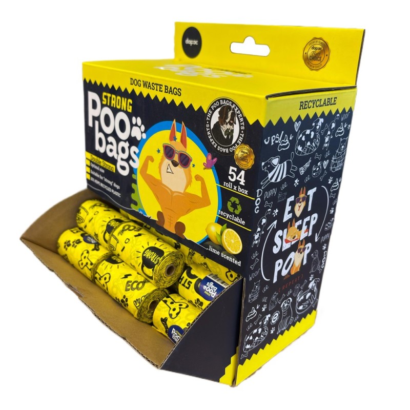 Caja expositor de colores amarillo y azul con un perro en el centro ilustrado, de rollos de color amarillo para cacas de perro.