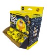 Caja expositor de colores amarillo y azul con un perro en el centro ilustrado, de rollos de color amarillo para cacas de perro.