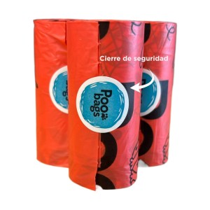 Tres rollos de color rojo de bolsitas para excrementos de perros,