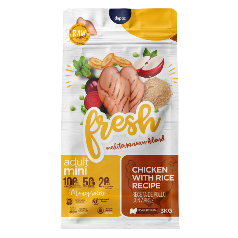 Saco de pienso de Fresh mediterranean blend Adult Mini de color amarillo y blanco, con los ingredientes principales en portada.