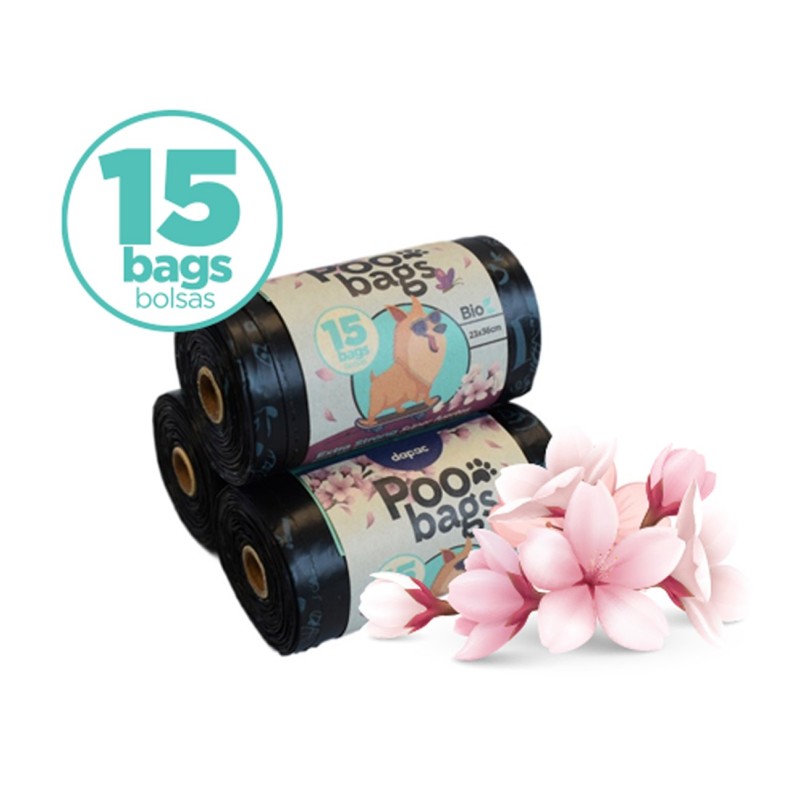 Tres rollos de color negro con bolsa para recogida de excrementos para perros.