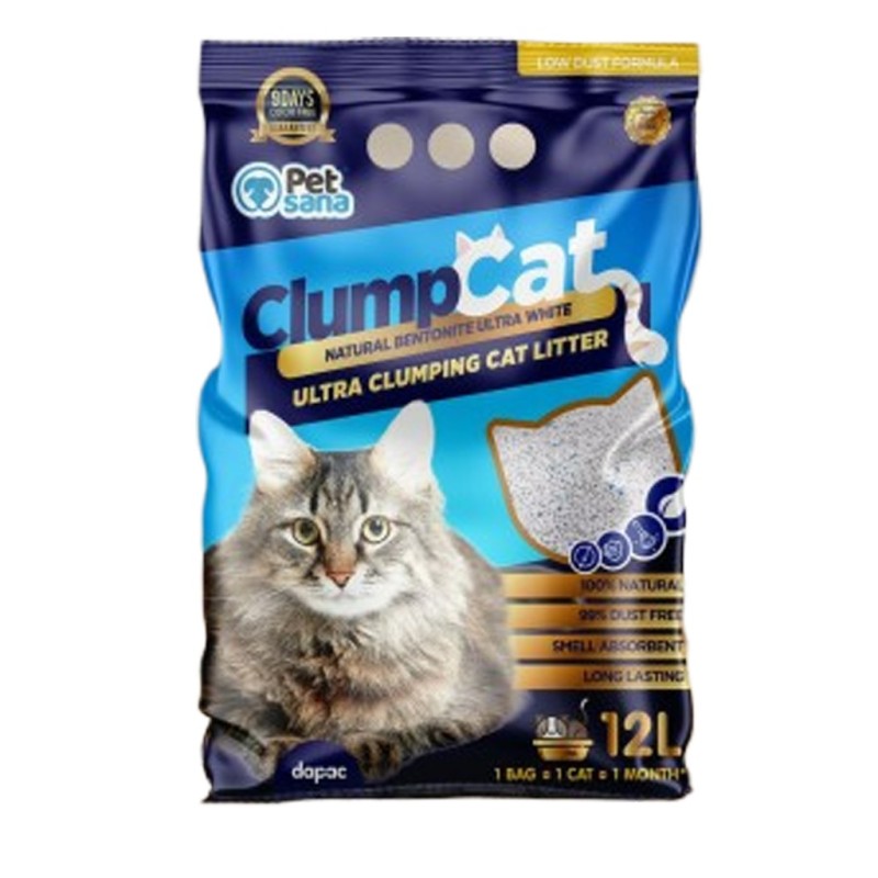 Paquete de bentonita de color azul mayoritariamente con un gato gris en el centro.