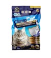 Paquete de bentonita de color azul mayoritariamente con un gato gris en el centro.