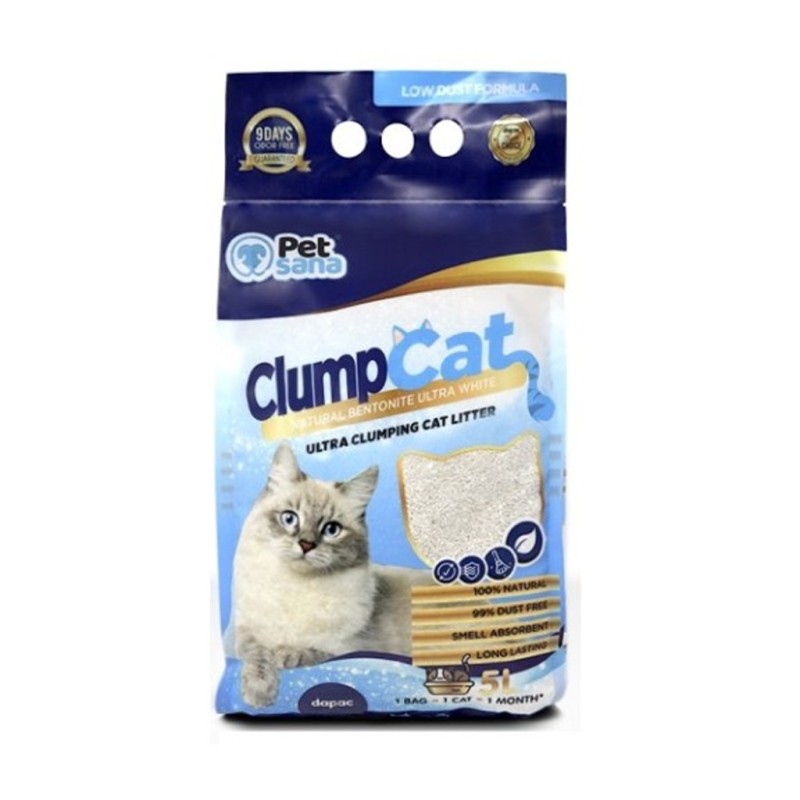 Paquete de bentonita ultra blanca con colores mayoritariamente azules y un gato gris en la portada.