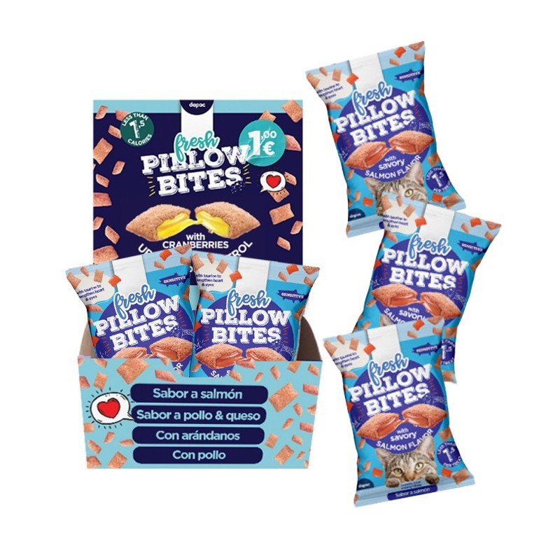 Expositor de Fresh pillow bites salmón 40gr. Snack para gatos.