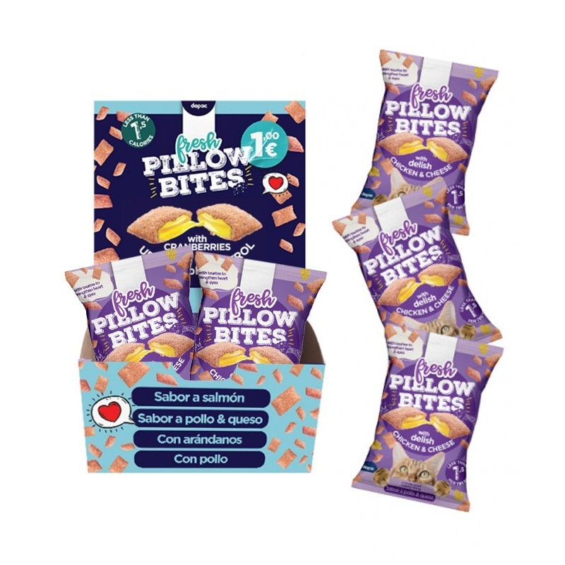 Expositor Fresh pillow bites pollo y queso 40gr, Snack para gato.