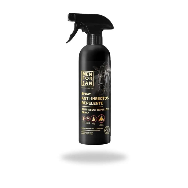 Spray anti-insectos con margosa, geraniol y lavandino de color dorado y marrón, especial para equinos.
