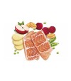 Ingredientes como salmón, patata, manzana o remolacha de forma ilustrada.