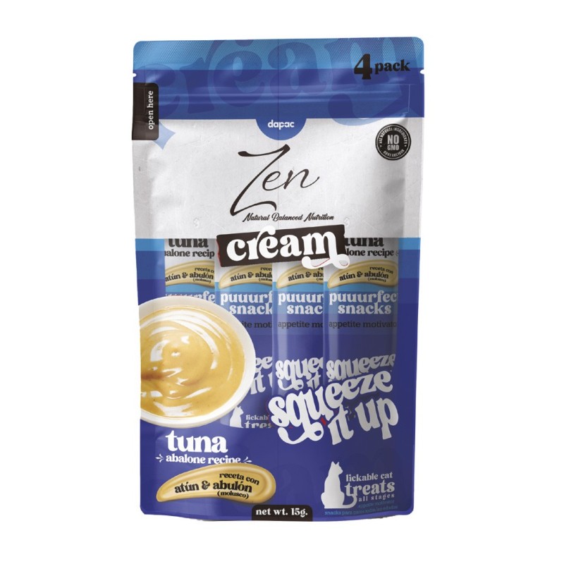 Imagen de un paquete de color azul y blanco con cuatro unidades de Zen cream para gato.
