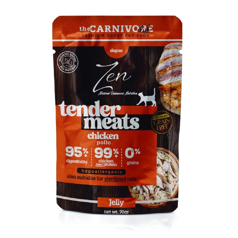 Paquete de zen de pollo, de color naranja y marrín con plato grande de pollo en portada.