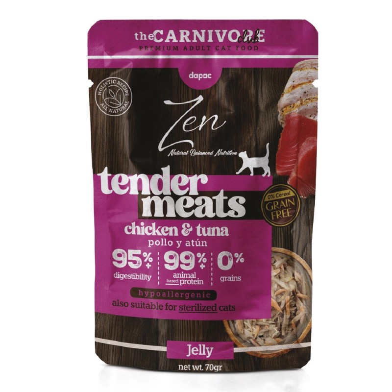 Envase frontal de comida húmeda para gatos de color morado y marrón con un plato de pollo con atún en la portada.