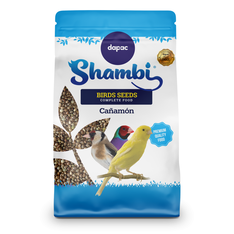 Envase de Shambi Cáñamon de Dapac, alimento completo premium para aves a base de semillas de cáñamo.