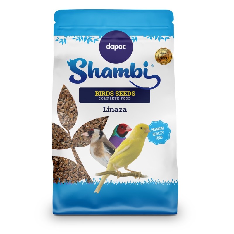 Envase de Shambi linaza de Dapac, alimento completo premium para aves a base de semillas de cáñamo.