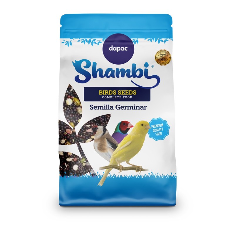 Envase para aves de la marca Shambi de semillas germinar.
