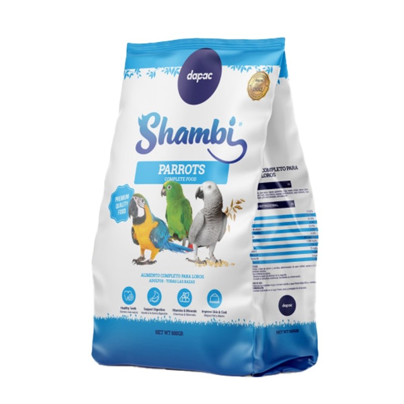 Envase azul y blanco de mixtura para loros de la marca Shambi 600gr.