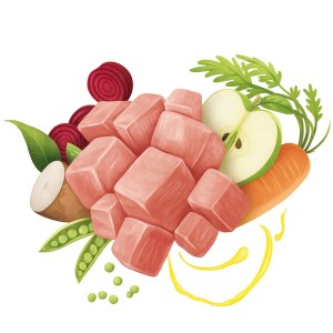 Ilustración de los ingredientes que lleva el alimento seco para gatos con sabor a pollo y tapioca.
