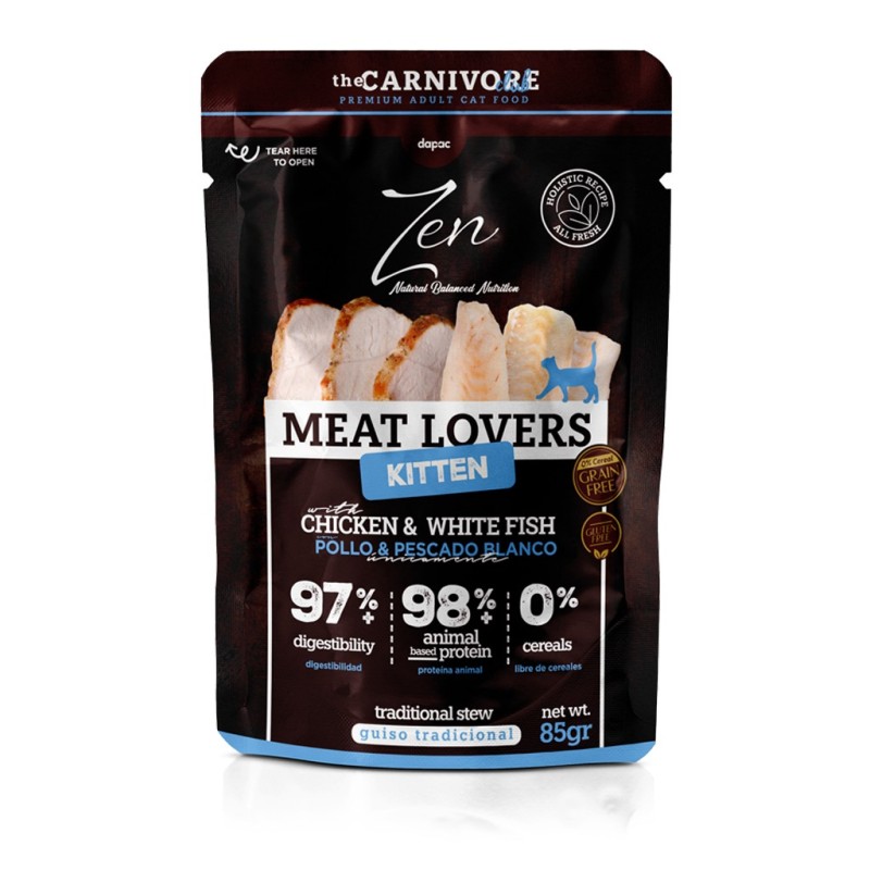 Envase de alimento completo de pollo para gatos cachorros de la marca Zen