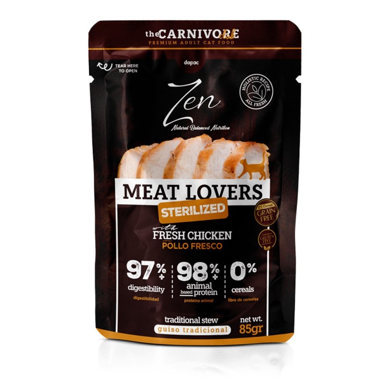 Sobre de alimento húmedo completo de pollo para gatos adultos esterilizados.