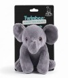 Peluche para perro con forma de elefante de color gris con etiqueta negra.