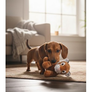Perro jugando con peluche con forma de tigre.