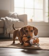 Perro jugando con peluche con forma de tigre.