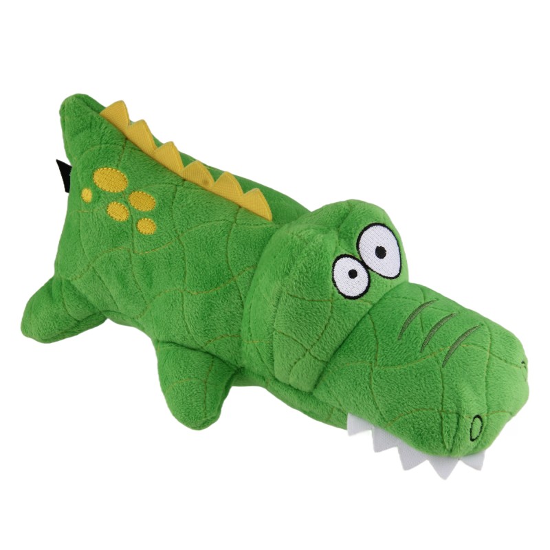 Peluche resistente para perro con forma de cocodrilo.