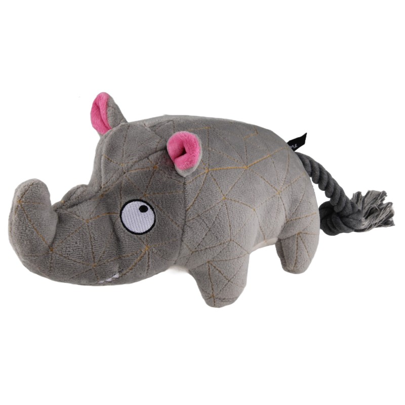 Peluche para perro con forma de rinoceronte.