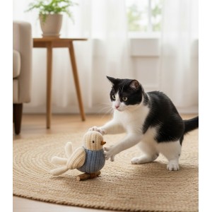 Gato jugando con peluche con forma de pájaro.