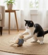 Gato jugando con peluche con forma de pájaro.