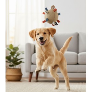 Perro jugando con pelota de tela.