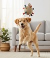 Perro jugando con pelota de tela.