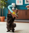 Gato jugando con caña con estrella.