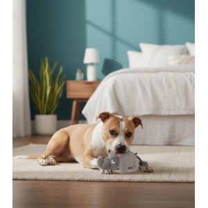 Perro jugando con peluche con forma de rinoceronte.