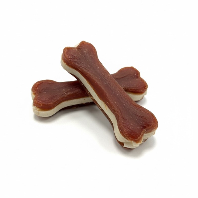 Snack de pato para perro con forma de hueso.