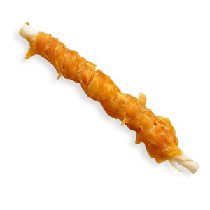 Snack para perro de pollo con forma de tira.