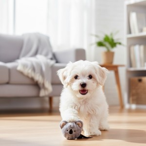 Perrito jugando con una pelota con forma de koala.