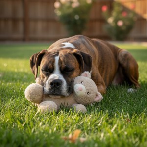 Perro durmiendo con peluche con forma de gato.