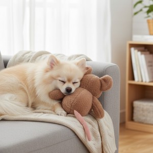 Perro durmiendo con peluche con forma de ratón