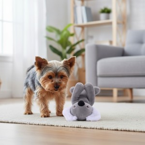 perro jugando con peluche con forma de koala.