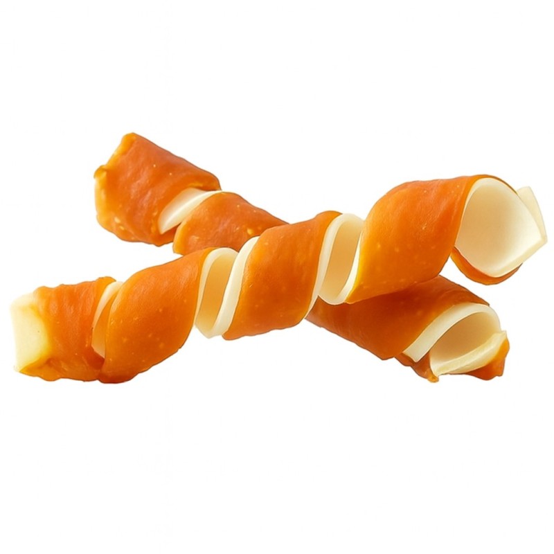 Snack para perros con forma de espiral de pollo.