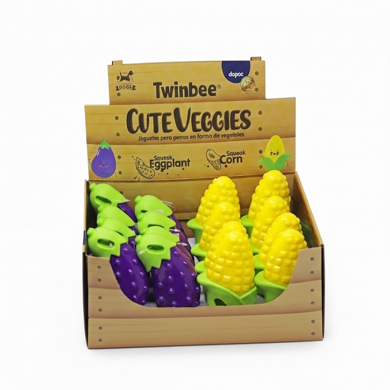 Caja de juguetes con forma de maiz y berenjena para perro.