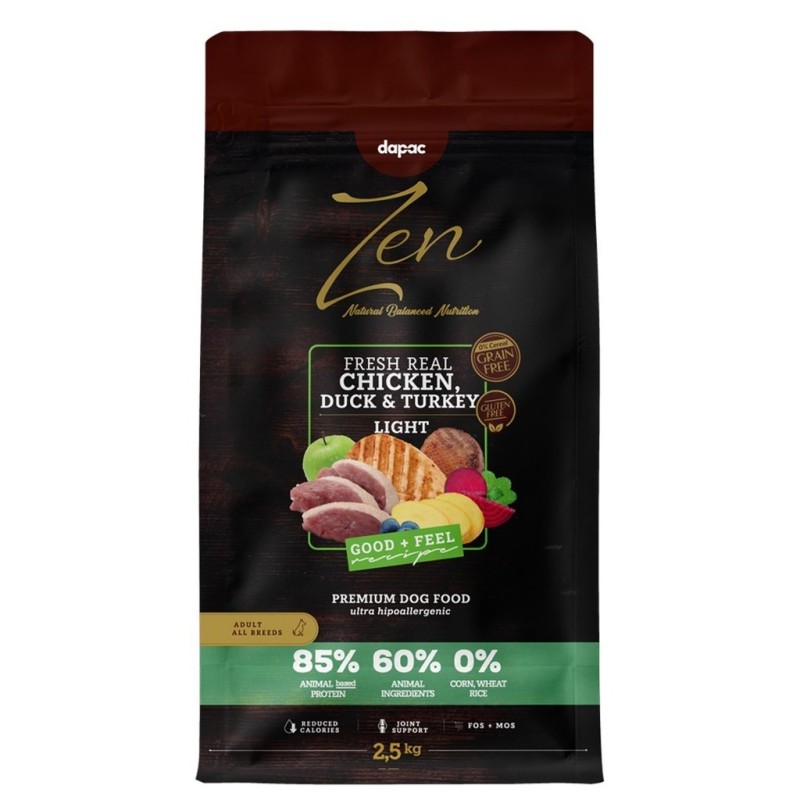 Saco de alimento secto para perros con pavo, pollo y pato como ingredientes principales.