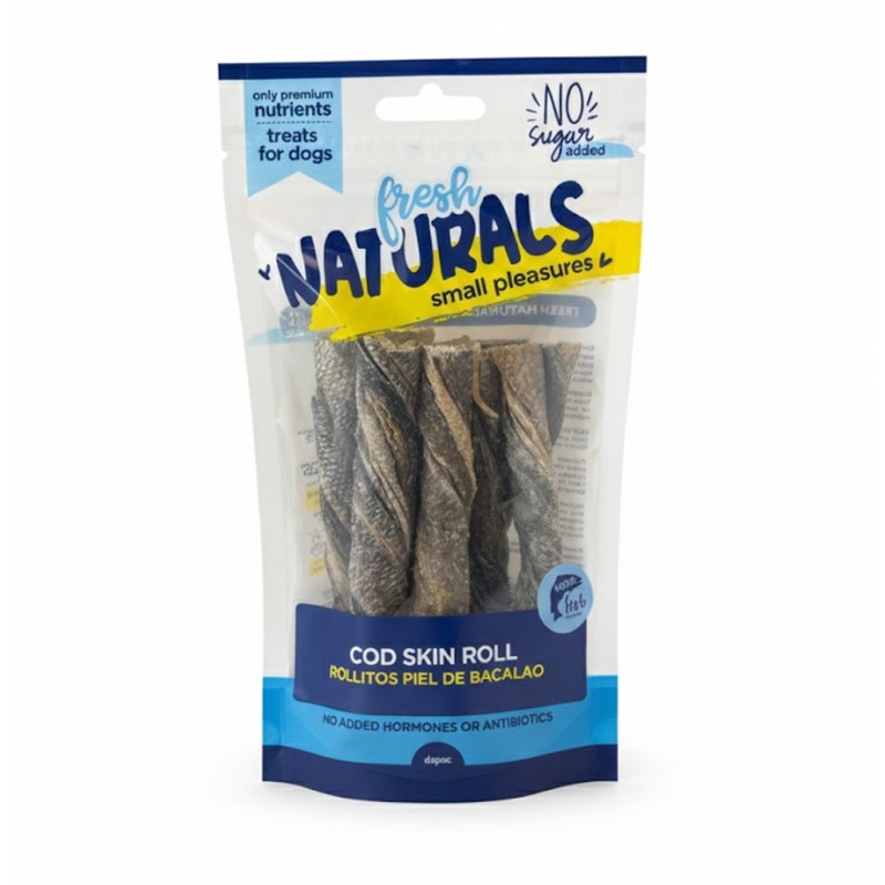 Bolsa de rollitos de bacalao para perro.