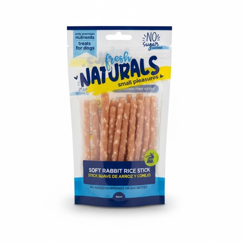 Bolsa de sticks suave de arroz y conejo para perros.