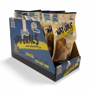 Caja de bolsas de tiras de pollo con patatas para perro