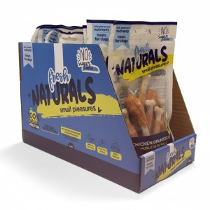 Caja de bolsitas de muslitos de pollo para perro.